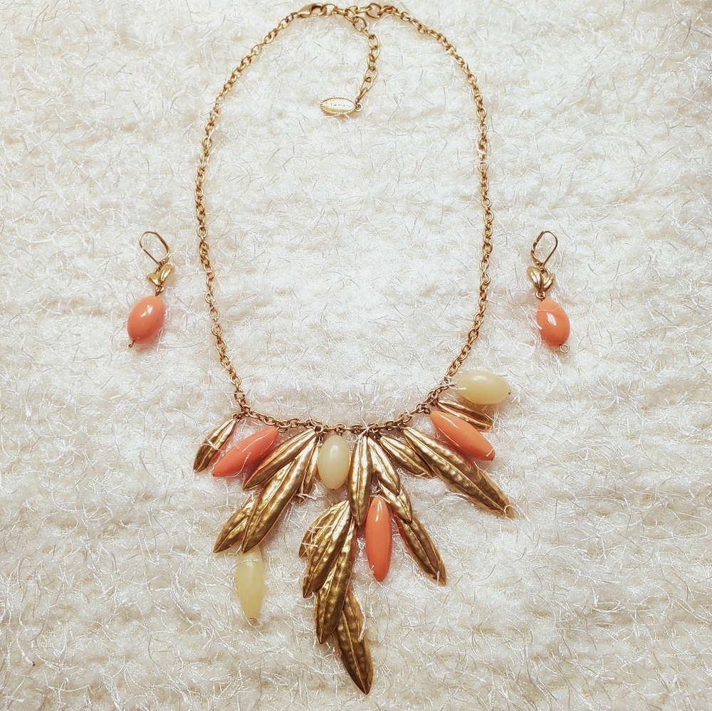 T Tahari statement gold & peach necklace earrings